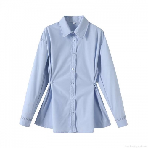 Women Elegant Light Blue Long Sleeve Button Down Shirt Pleated Slim Fit Blouse 2025 Summer Western Style Office Commute Casual Tops