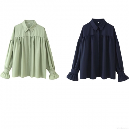 Women's Casual Loose Polyester Blouse Top Summer Lapel Lantern Sleeve Button Down Shirt Solid Color Streetwear Long Sleeve Pleated Tunic For Women