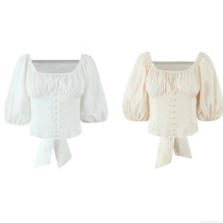 Women's French Vintage Cotton Shirt Square Neck Puff Sleeve Back Bow Short Blouse Top With Buttons For Summer