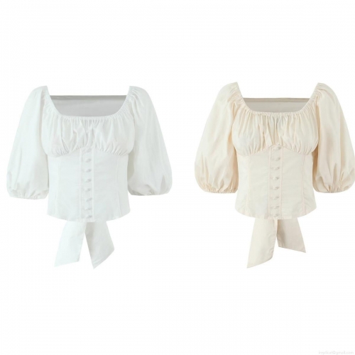 Women's French Vintage Cotton Shirt Square Neck Puff Sleeve Back Bow Short Blouse Top With Buttons For Summer