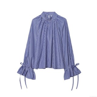 Women's European Style Polyester Blouse Blue White Vertical Striped Stand Collar Blouse With Ruffle Detail Long Bell Sleeves And Bow Tie Pullover Top For Daily Office Streetwear