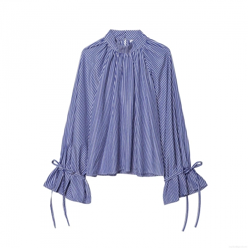 Women's European Style Polyester Blouse Blue White Vertical Striped Stand Collar Blouse With Ruffle Detail Long Bell Sleeves And Bow Tie Pullover Top For Daily Office Streetwear