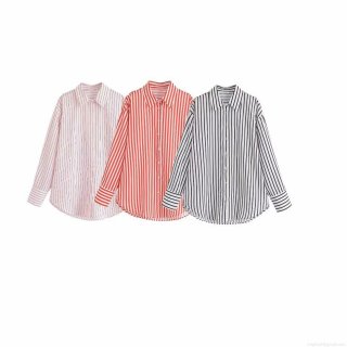 Women's Casual Loose Striped Long Sleeve Shirt Polyester Button Down Color Block Blouse Western Streetwear Style Mid-Length Tops for Women
