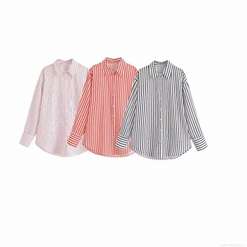 Women's Casual Loose Striped Long Sleeve Shirt Polyester Button Down Color Block Blouse Western Streetwear Style Mid-Length Tops for Women