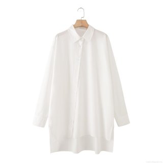 Women's 100% Cotton Long Sleeve Blouse Loose Fit Lapel Collar Button Down Shirt With Irregular Hem And Side Slit Casual Western Style Streetwear Oversized Top For Women