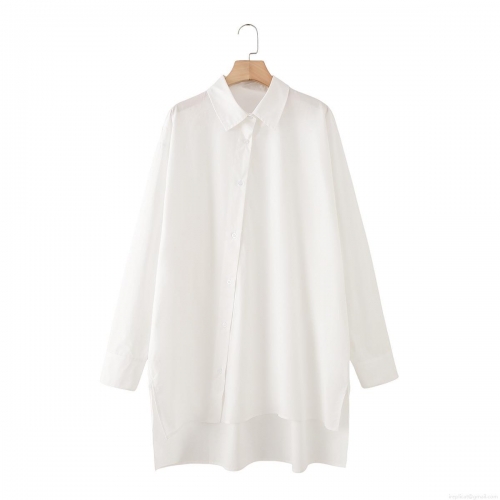 Women's 100% Cotton Long Sleeve Blouse Loose Fit Lapel Collar Button Down Shirt With Irregular Hem And Side Slit Casual Western Style Streetwear Oversized Top For Women