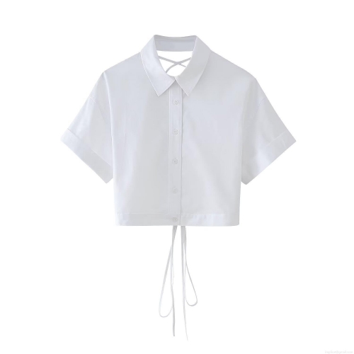 Women White Short Sleeve Shirt 100% Polyester Fabric Cropped Length Tie Back Lace-Up Detail Lapel Collar Button Up Summer Streetwear Sexy Casual Fashion Top For Lady