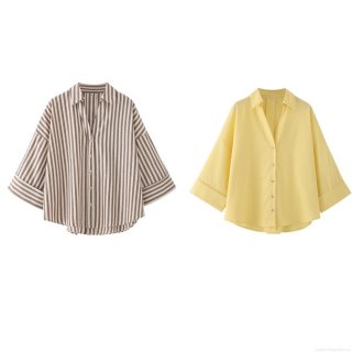 Women's 100% Cotton Linen Feel Striped Shirt Casual Loose Long Sleeve Button Down Blouse Lapel Collar Drop Shoulder Tops For Women Summer Spring Streetwear