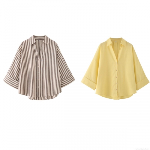 Women's 100% Cotton Linen Feel Striped Shirt Casual Loose Long Sleeve Button Down Blouse Lapel Collar Drop Shoulder Tops For Women Summer Spring Streetwear