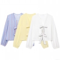 Women's Fashion Striped V-Neck Long Sleeve Blouse With Contrast Edging Bow Tie Lace-up Design Lightweight Polyester Casual Shirt Ladies Tops