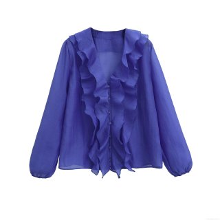 Women Elegant V-Neck Ruffle Chiffon Blouse Long Lantern Sleeve Solid Color Button Up Shirt Fashion Casual Streetwear Top Female Clothing