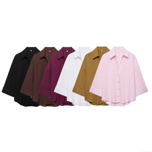 Women's Casual Loose Polyester Blouse Shirt Solid Color Turndown Collar Long Sleeve Button Up Top For Streetwear Office Ladies Fashion