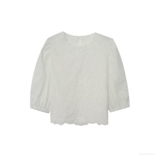 Women Elegant White Hollow Out Embroidery Blouse Lantern Sleeve Round Neck Casual Street Style Polyester Top For Summer Daily Fashion