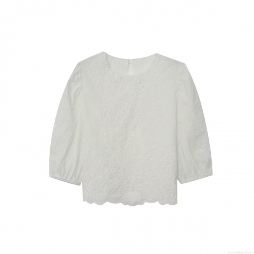 Women Elegant White Hollow Out Embroidery Blouse Lantern Sleeve Round Neck Casual Street Style Polyester Top For Summer Daily Fashion