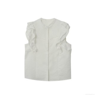 Women's Sleeveless Blouse Round Neck Flutter Sleeves Pleated Lace Embroidery Solid White Summer Casual Top European American Style Women's Clothing