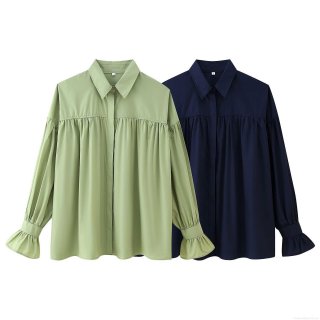 Women's Flare Sleeve Pleated Blouse Polyester Lapel Single Breasted Shirt Mid Length Long Sleeve Streetwear Top For Daily Office Street Casual Wear Women Summer Fall