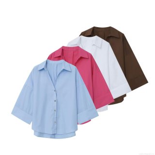 Women's Oversized Solid Color Polyester Blouse Short Sleeve Button Up Lapel Casual Summer Shirt Streetwear Top