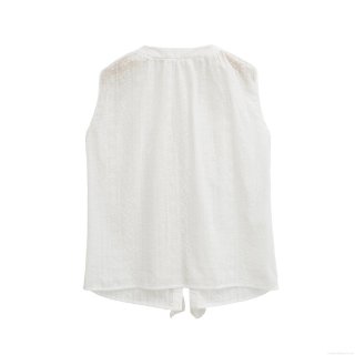 Women's White Sleeveless V-Neck Embroidery Lace Shirt Elegant Hollow Out Ruffle Tie Front Cotton Blouse Streetwear Casual Summer Top For Women