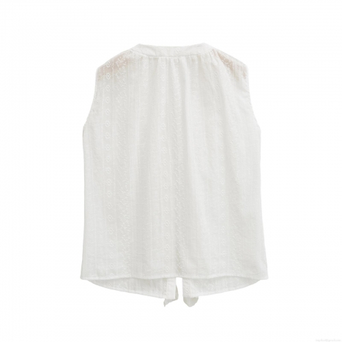 Women's White Sleeveless V-Neck Embroidery Lace Shirt Elegant Hollow Out Ruffle Tie Front Cotton Blouse Streetwear Casual Summer Top For Women