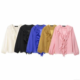 Women's V-Neck Ruffle Long Sleeve Chiffon Blouse Solid Color Casual Button Down Shirt Elegant Streetwear Tops For Daily Dating