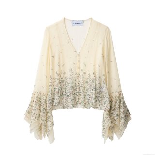 Women's Bohemian V-Neck Floral Chiffon Blouse Long Bell Sleeve Irregular Hem Crepe Shirt Summer Lightweight Beige Top Women's Fashion Apparel