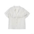 Women's White V-Neck Ruffle Patchwork Shirt Elegant Short Sleeve Single Breasted Blouse For Summer Casual Streetwear Office Lady Tops