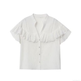 Women's White V-Neck Ruffle Patchwork Shirt Elegant Short Sleeve Single Breasted Blouse For Summer Casual Streetwear Office Lady Tops