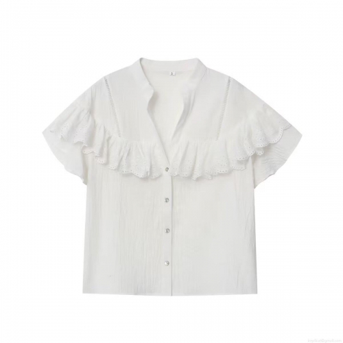 Women's White V-Neck Ruffle Patchwork Shirt Elegant Short Sleeve Single Breasted Blouse For Summer Casual Streetwear Office Lady Tops