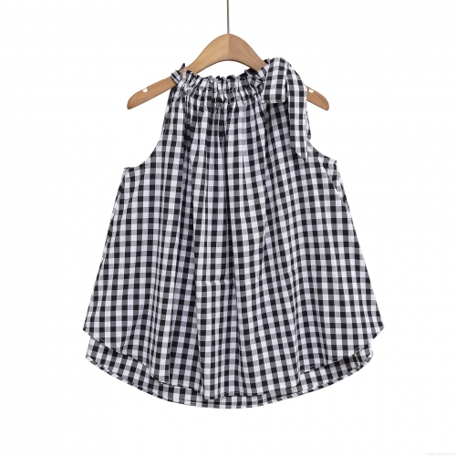 Women Summer Black White Gingham Sleeveless Top Casual Polyester Babydoll Blouse With Shoulder Bow Tie Ruffle Trim Round Neck Plaid Shirt For Daily Streetwear