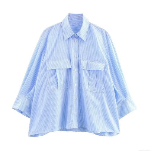 Women's Loose Striped Long Sleeve Satin Shirt Lapel Single Breasted Blouse Streetwear Casual Top Light Blue Oversized Polyester Work Shirt