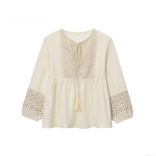 Women Bohemian Lace Crochet Blouse Lantern Long Sleeve Tassel Tie Round Neck Loose Cotton Linen Patchwork Shirt Casual Holiday Tops