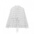 Women's Plaid Long Sleeve Shirt Polyester Blend Drawstring Waist Button Up Turn-down Collar Blouse For Daily Streetwear Casual Grey-White Grid Top