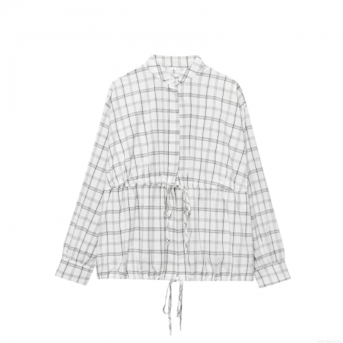 Women's Plaid Long Sleeve Shirt Polyester Blend Drawstring Waist Button Up Turn-down Collar Blouse For Daily Streetwear Casual Grey-White Grid Top