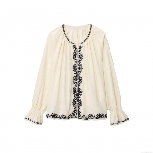 Women Bohemian Flare Sleeve Embroidered Blouse Loose Round Neck Button Down Polyester Top for Summer Vacation Street Style Cream White Shirt