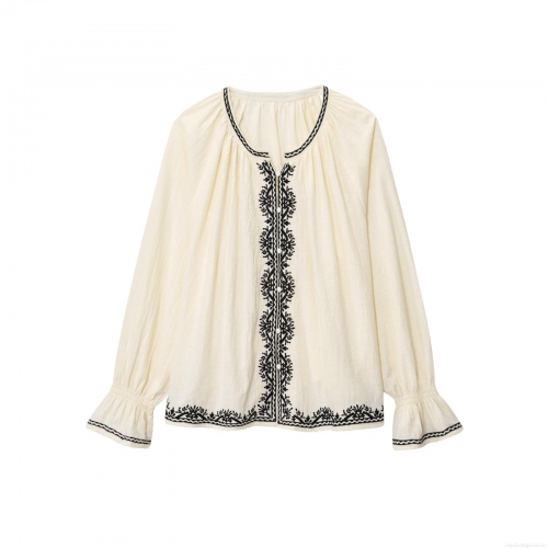 Women's Off White Long Sleeve Blouse Polyester Blend Black Floral Embroidery Round Neck Flare Sleeve Boho Vintage Casual Summer Top Elegant Ethnic Blouse