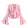 Women's Elegant V Neck Ruffle Blouse Flare Long Sleeve Ruched Smocked Waist Polyester Shirt Solid Color Pink Streetwear Casual Tops For Ladies