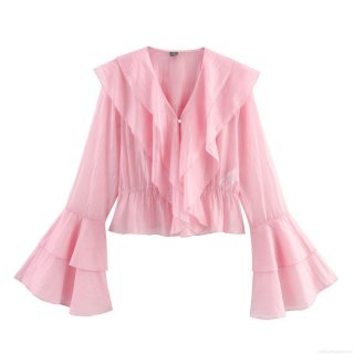 Women's Elegant V Neck Ruffle Blouse Flare Long Sleeve Ruched Smocked Waist Polyester Shirt Solid Color Pink Streetwear Casual Tops For Ladies
