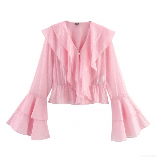 Women's Elegant V Neck Ruffle Blouse Flare Long Sleeve Ruched Smocked Waist Polyester Shirt Solid Color Pink Streetwear Casual Tops For Ladies