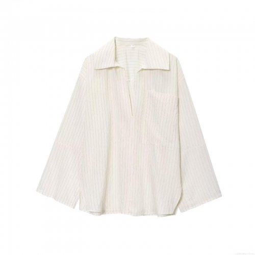 Women's V-Neck Vertical Striped Long Sleeve Shirt Loose Fit Casual Pocket Polyester Tencel Blend Streetwear Minimalist Breathable Comfortable Daily Wear Top