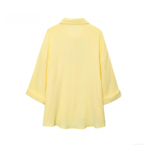 Women's Casual Loose Yellow Button Up Shirt Crepe Cotton Blend Long Sleeve Roll Up Blouse With Pocket Mid Length Top For Spring Autumn Streetwear