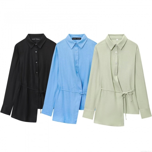 Women's Long Sleeve Shirt Asymmetric Hem Waist Tie Lapel Single Breasted Cotton Blend Blouse Casual Streetwear Trendy Top for Women