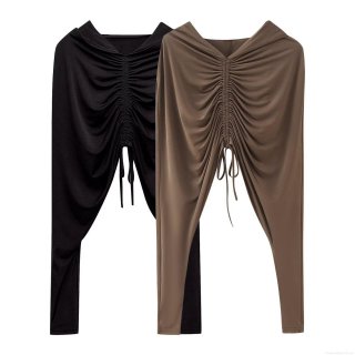 Women's European Style Hooded Drawstring Ruched Shirt Polyester Long Sleeve Cropped Blouse Streetwear Solid Color Top for Autumn