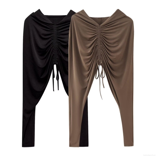 Women's European Style Hooded Drawstring Ruched Shirt Polyester Long Sleeve Cropped Blouse Streetwear Solid Color Top for Autumn