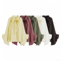 Women's Elegant Bow Tie Neck Blouse Long Flare Sleeve Ruffle Solid Color Loose Polyester Shirt Top Fall Streetwear Casual Fashion Ladies Tunics
