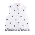 Women's Sleeveless Embroidery Shirt Cotton Polyester Blend Western Style Lapel Button Down Hollow Out Floral Blouse Casual Chic Summer Autumn Top For Women