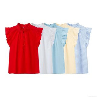 Women's Ruffle Sleeveless Blouse 100% Polyester Stand Collar Flutter Sleeve Button Up Shirt Casual Streetwear Office Top