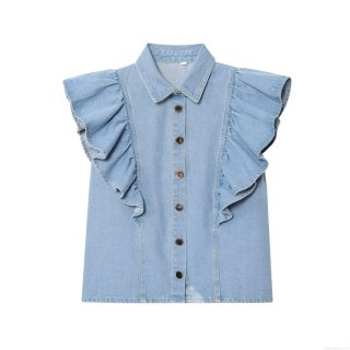 Women's Casual Sleeveless Denim Blouse Lapel Collar Single Breasted Shirt With Ruffle Flying Sleeves Washed Denim Top For Women Streetwear