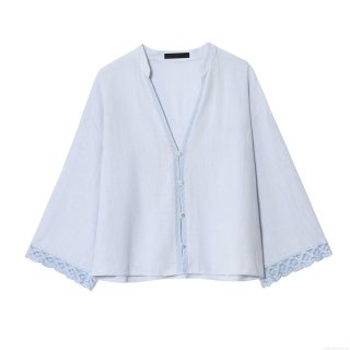 Women V Neck Lace Patchwork Blouse Light Blue Polyester 3/4 Sleeve Loose Short Shirt Top Casual Western Style Streetwear For Women Lady Autumn