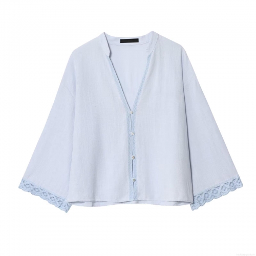 Women V Neck Lace Patchwork Blouse Light Blue Polyester 3/4 Sleeve Loose Short Shirt Top Casual Western Style Streetwear For Women Lady Autumn