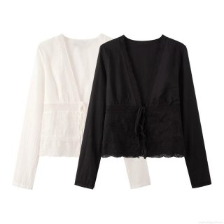 Women's V Neck Long Sleeve Lace Patchwork Blouse Elegant Embroidery Lace Up Shirts Casual Loose Tops For Ladies Streetwear Autumn Fashion